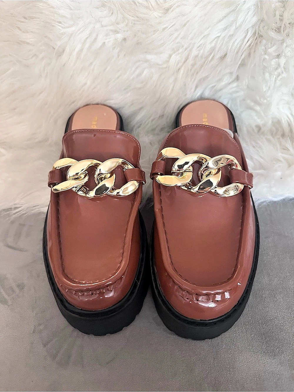 madden girl Dollie Chain Lug Mule Brown Platform Mules
